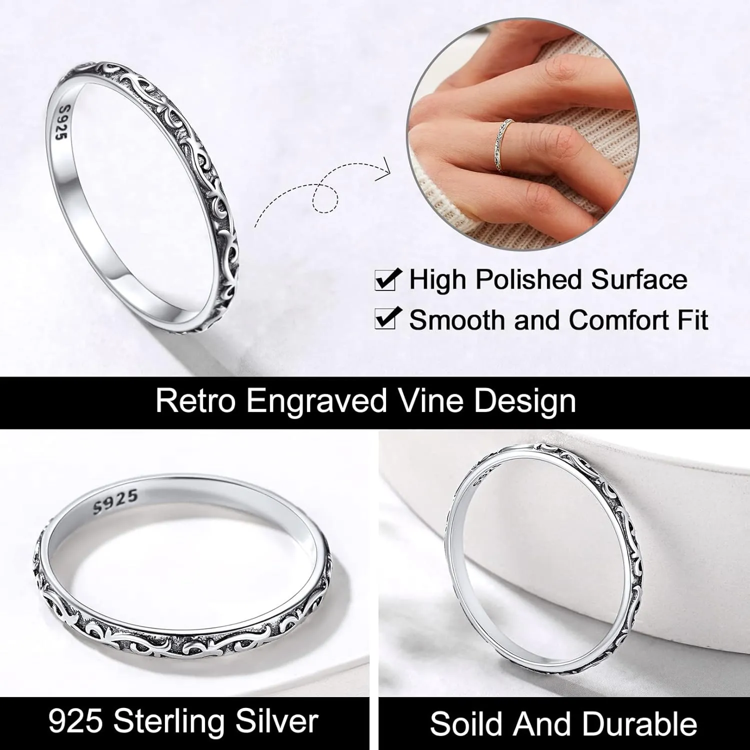 FOCALOOK 925 Sterling Silver 2.8mm Wide Wave Ring - Size 4, Antique Silver Stack Twist Ring Hypoallergenic Pinky Ring for Women
