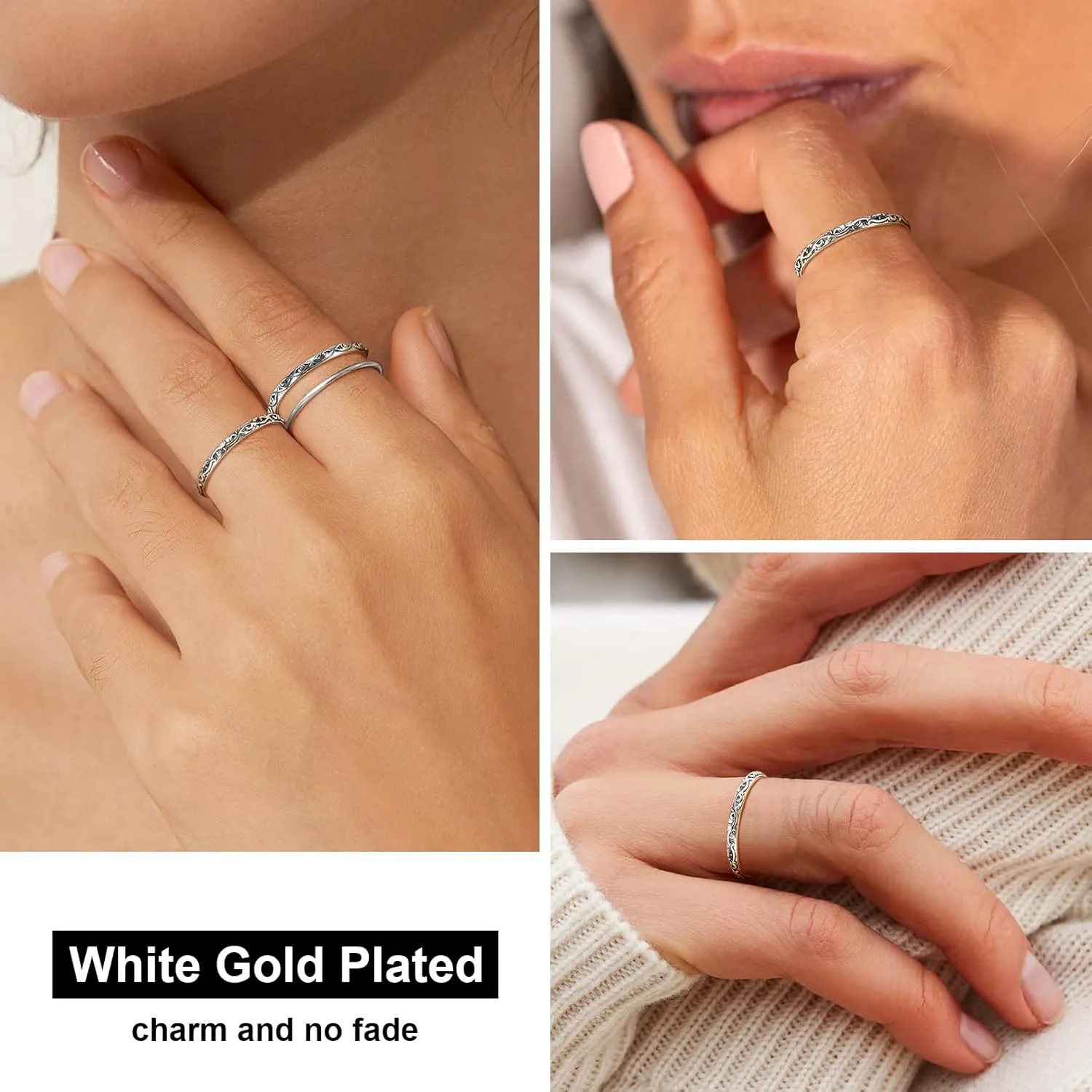 FOCALOOK 925 Sterling Silver 2.8mm Wide Wave Ring - Size 4, Antique Silver Stack Twist Ring Hypoallergenic Pinky Ring for Women