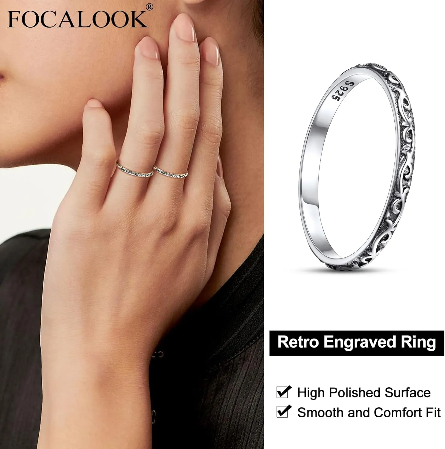 FOCALOOK 925 Sterling Silver 2.8mm Wide Wave Ring - Size 4, Antique Silver Stack Twist Ring Hypoallergenic Pinky Ring for Women