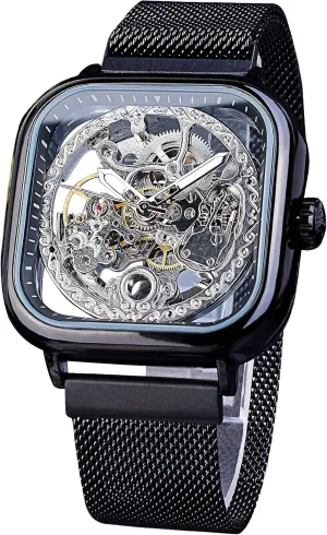 FORSINING Automatic Watches Mechanical Wrist Watch Golden for Mens Skeleton Watches with Stainless Steel Transparent Dial with Royal Flower Movement Carving