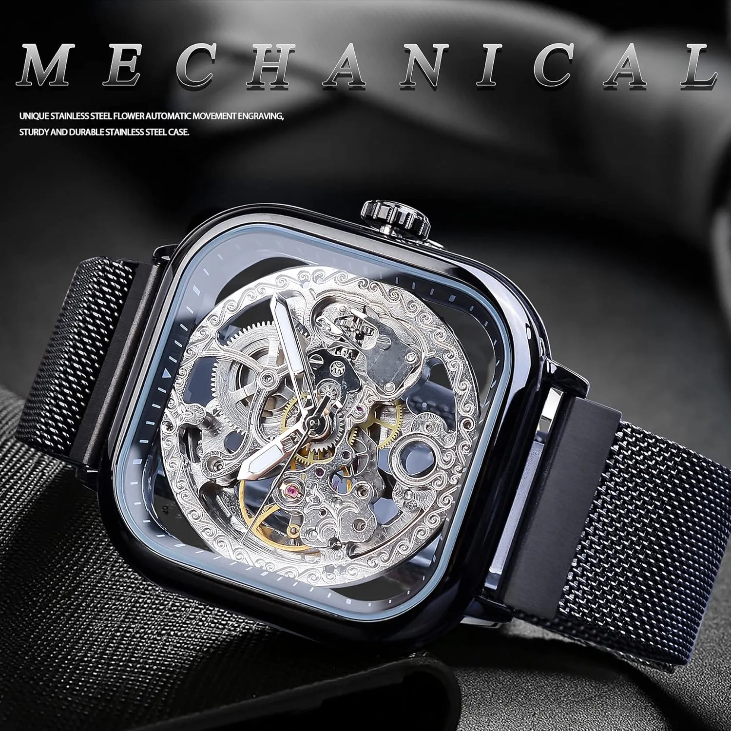 FORSINING Automatic Watches Mechanical Wrist Watch Golden for Mens Skeleton Watches with Stainless Steel Transparent Dial with Royal Flower Movement Carving