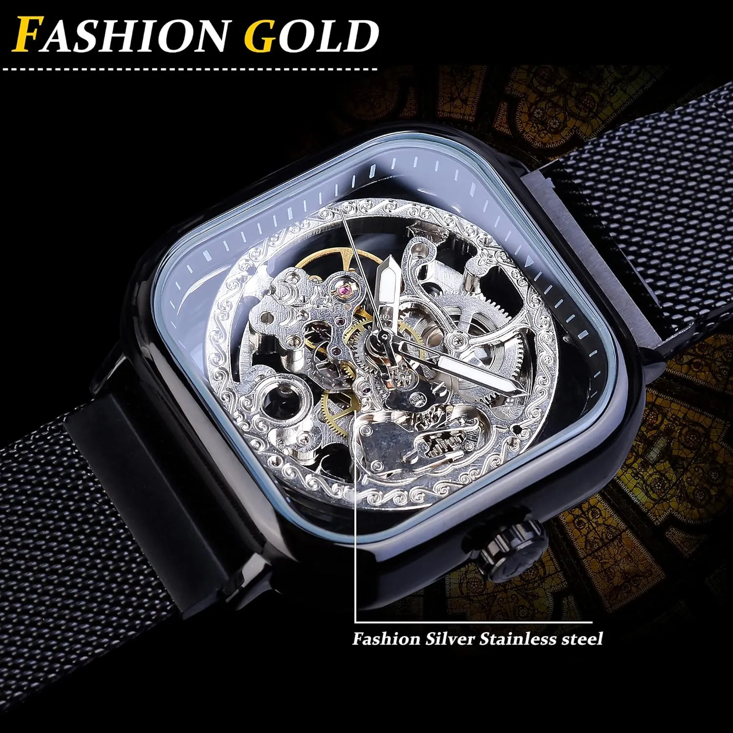 FORSINING Automatic Watches Mechanical Wrist Watch Golden for Mens Skeleton Watches with Stainless Steel Transparent Dial with Royal Flower Movement Carving