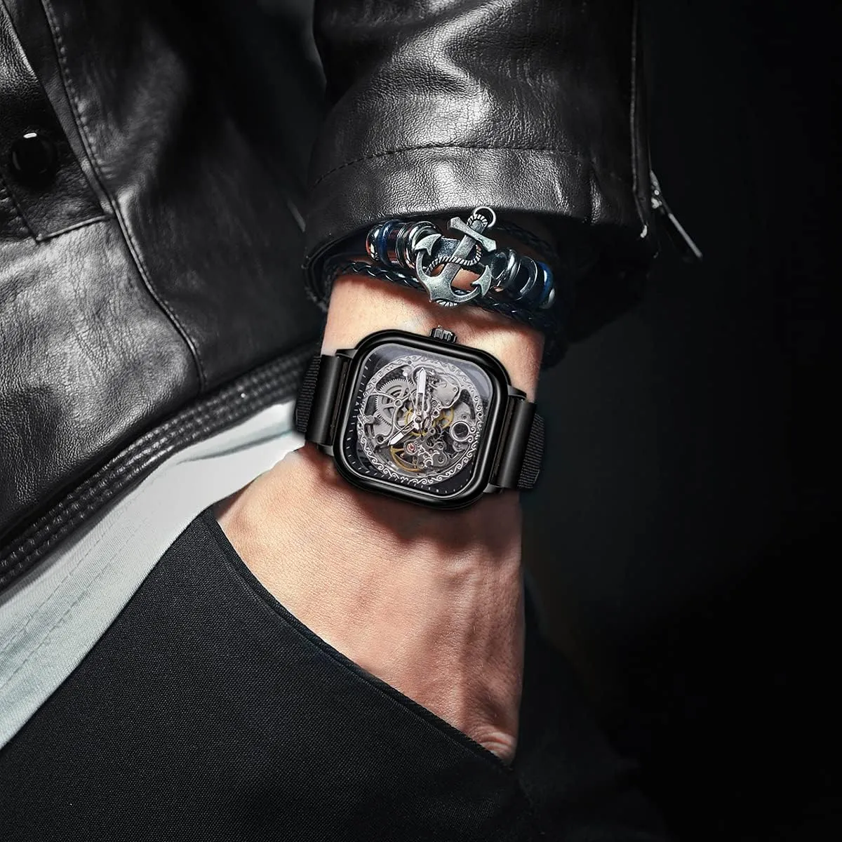 FORSINING Automatic Watches Mechanical Wrist Watch Golden for Mens Skeleton Watches with Stainless Steel Transparent Dial with Royal Flower Movement Carving