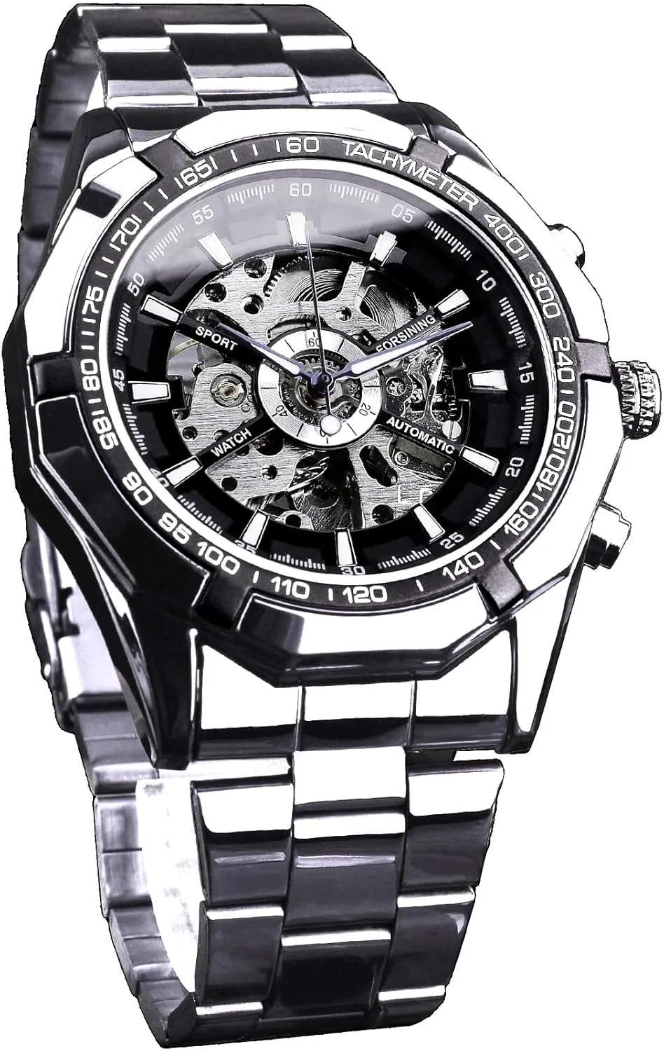 FORSINING Men's Watch Self-Wind Skeleton Hollow Out Mechanical Automatic Luxury Watches, Blue Black Stainless Steel Band Waterproof Wristwatch