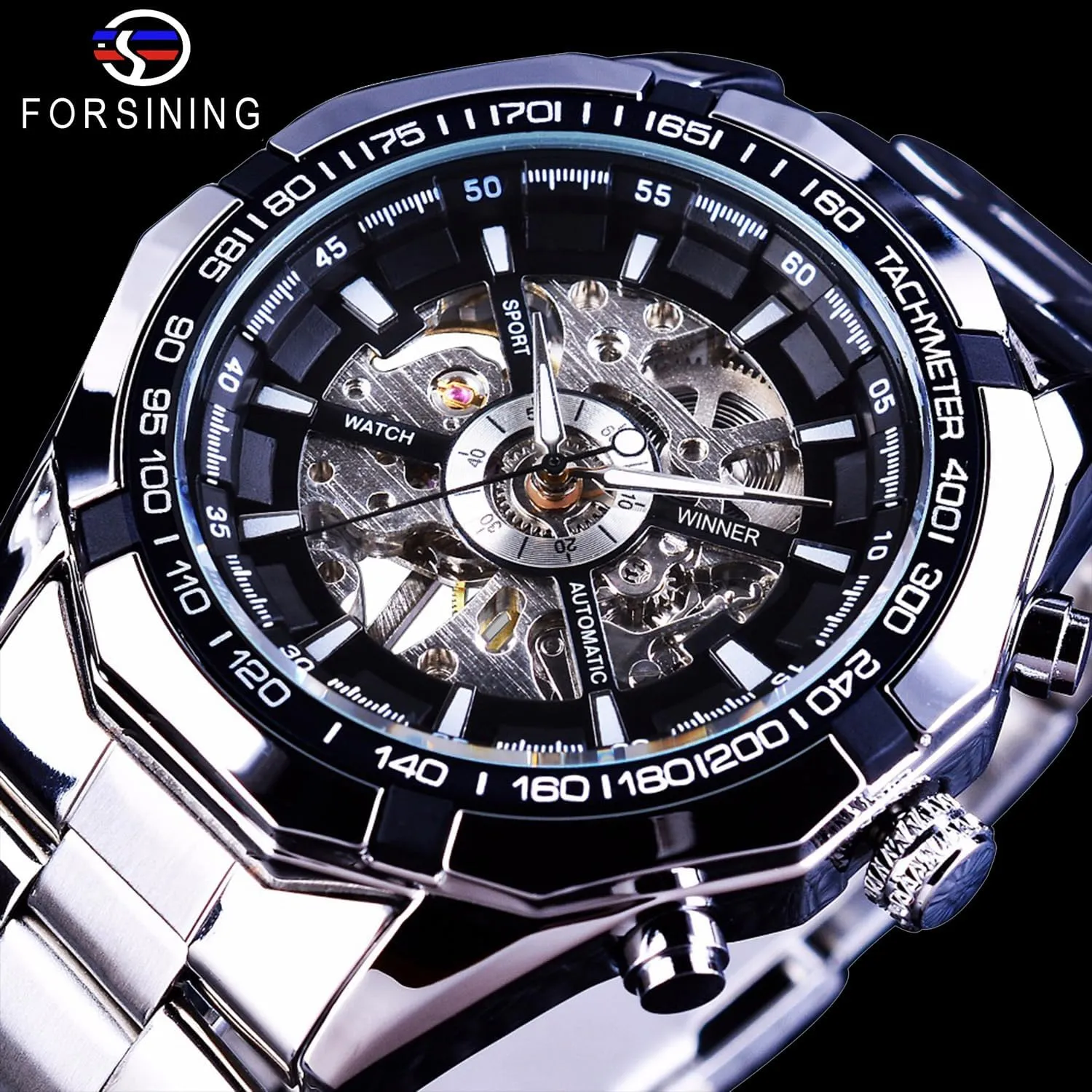 FORSINING Men's Watch Self-Wind Skeleton Hollow Out Mechanical Automatic Luxury Watches, Blue Black Stainless Steel Band Waterproof Wristwatch