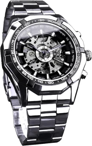 FORSINING Men's Watch Self-Wind Skeleton Hollow Out Mechanical Automatic Luxury Watches, Blue Black Stainless Steel Band Waterproof Wristwatch