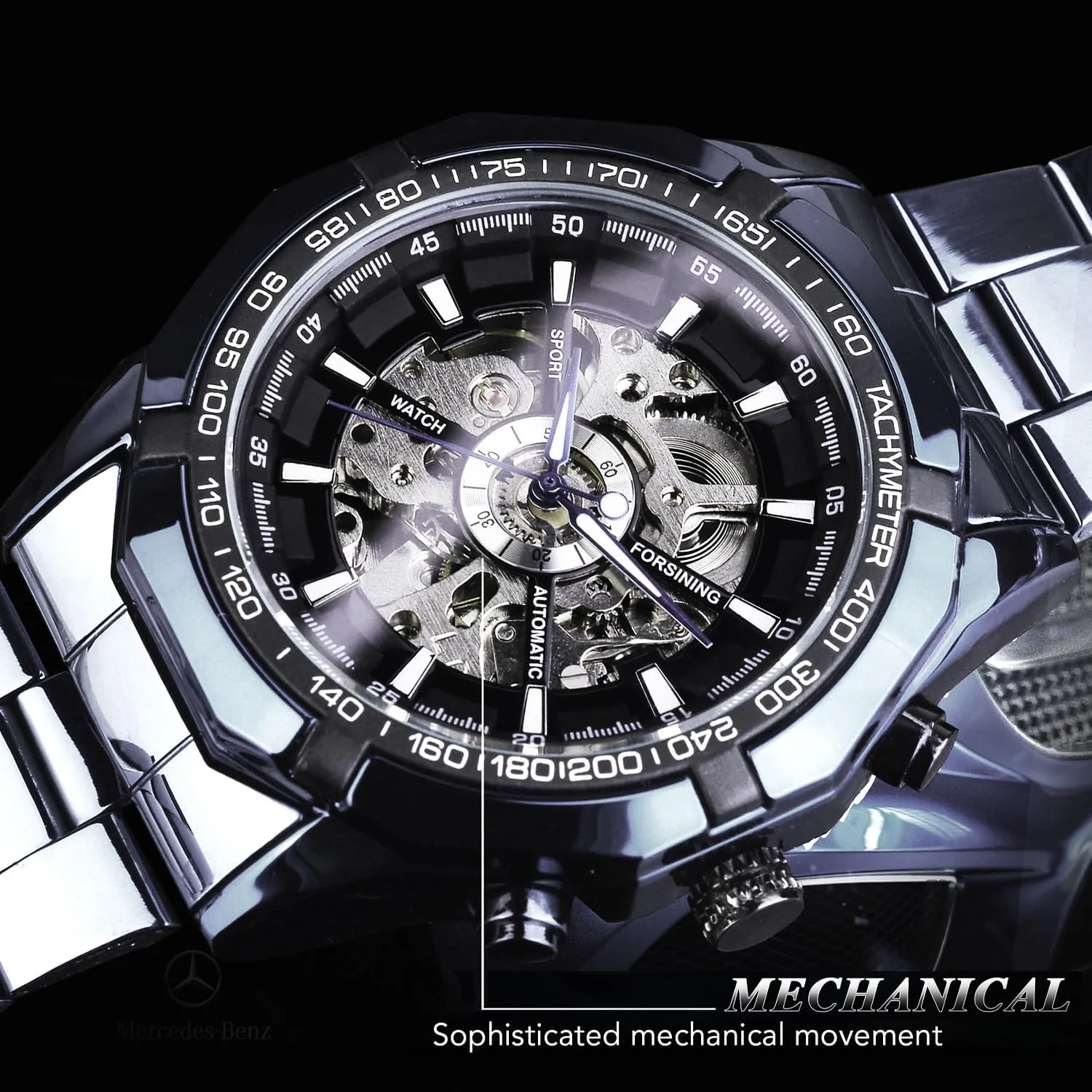 FORSINING Men's Watch Self-Wind Skeleton Hollow Out Mechanical Automatic Luxury Watches, Blue Black Stainless Steel Band Waterproof Wristwatch