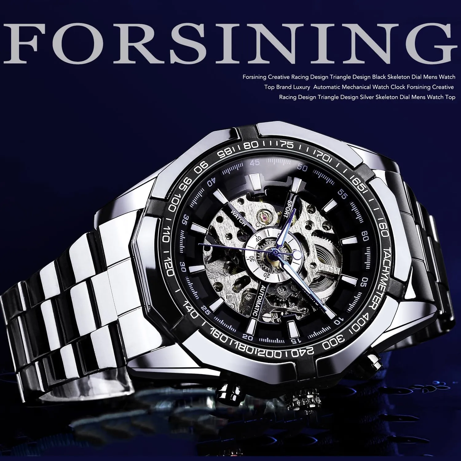 FORSINING Men's Watch Self-Wind Skeleton Hollow Out Mechanical Automatic Luxury Watches, Blue Black Stainless Steel Band Waterproof Wristwatch