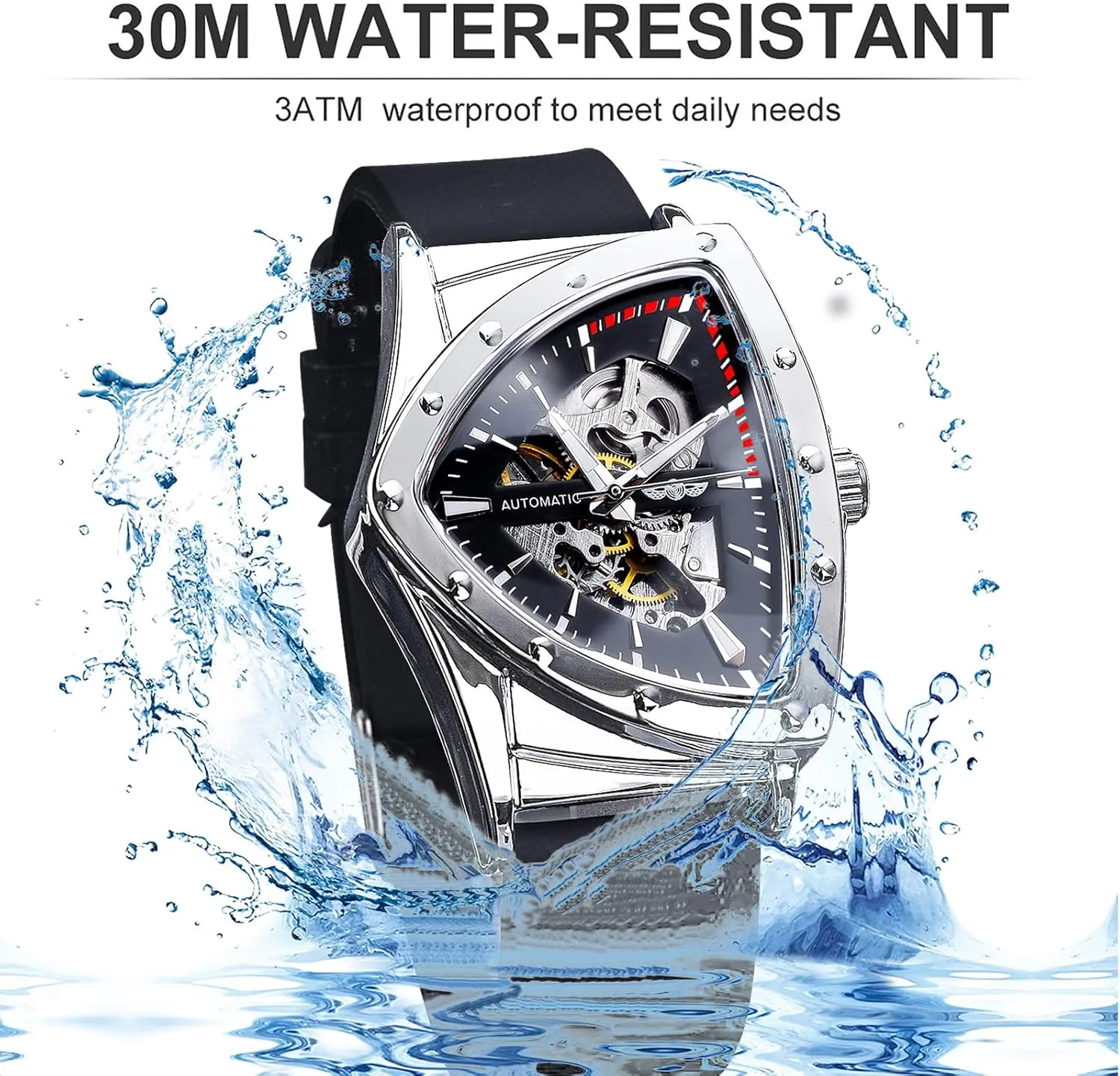 FORSINING Skeleton Watches for Men, Automatic Mechanical Watch with Triangle Dial, Luminous Self Winding Watches Stainless Steel Bracelet or Soft Silicone Strap