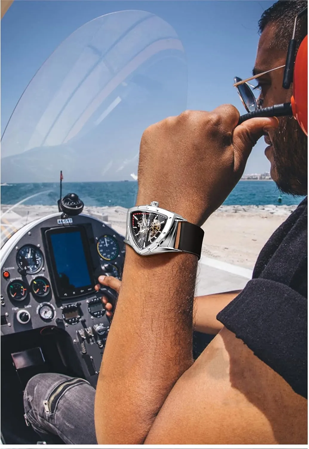 FORSINING Skeleton Watches for Men, Automatic Mechanical Watch with Triangle Dial, Luminous Self Winding Watches Stainless Steel Bracelet or Soft Silicone Strap