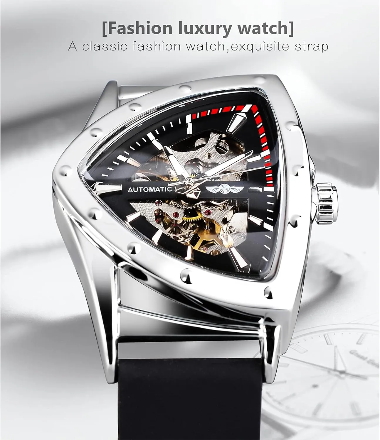 FORSINING Skeleton Watches for Men, Automatic Mechanical Watch with Triangle Dial, Luminous Self Winding Watches Stainless Steel Bracelet or Soft Silicone Strap