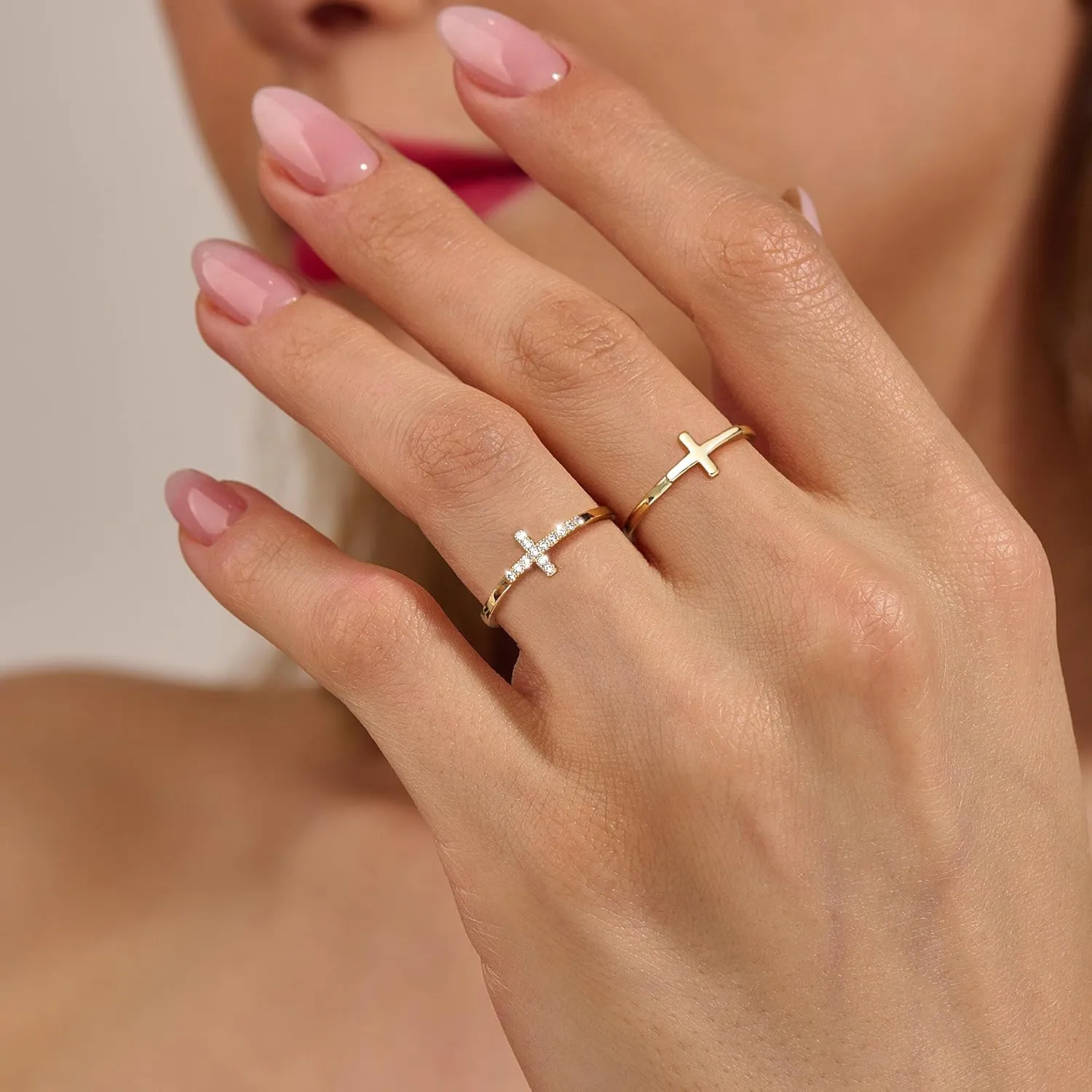 Foxgirl Cross Gold Rings for Women Non Tarnish, Dainty Trendy Stackable Ring Set 14k Gold Plated Thin Cz Cross Finger Rings for Women Non Tarnish Simple thumb Rings for Momen Gold Jewelry Size 5-10