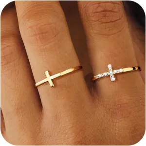 Foxgirl Cross Gold Rings for Women Non Tarnish, Dainty Trendy Stackable Ring Set 14k Gold Plated Thin Cz Cross Finger Rings for Women Non Tarnish Simple thumb Rings for Momen Gold Jewelry Size 5-10
