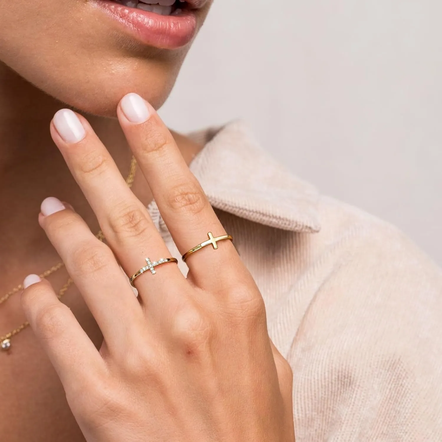 Foxgirl Cross Gold Rings for Women Non Tarnish, Dainty Trendy Stackable Ring Set 14k Gold Plated Thin Cz Cross Finger Rings for Women Non Tarnish Simple thumb Rings for Momen Gold Jewelry Size 5-10