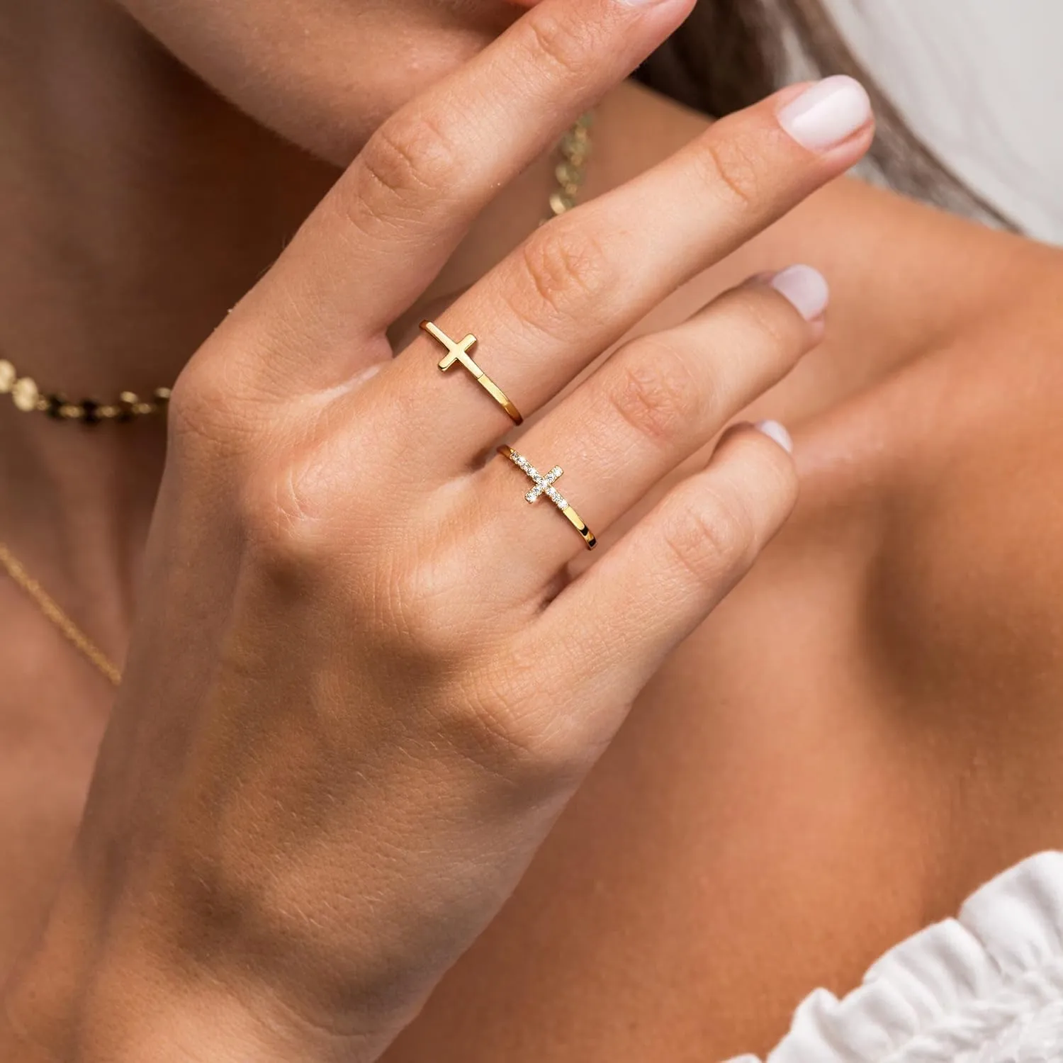 Foxgirl Cross Gold Rings for Women Non Tarnish, Dainty Trendy Stackable Ring Set 14k Gold Plated Thin Cz Cross Finger Rings for Women Non Tarnish Simple thumb Rings for Momen Gold Jewelry Size 5-10