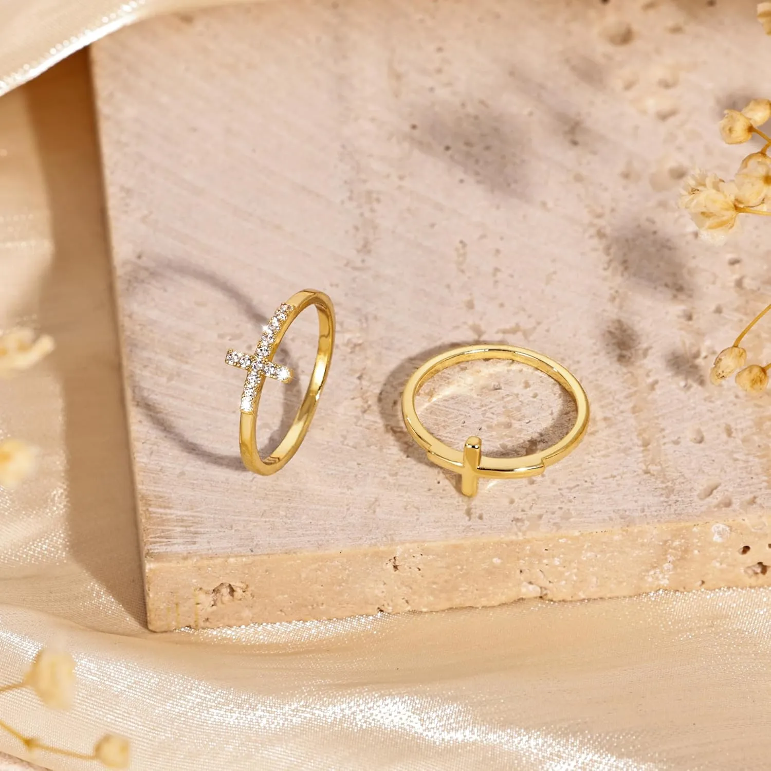 Foxgirl Cross Gold Rings for Women Non Tarnish, Dainty Trendy Stackable Ring Set 14k Gold Plated Thin Cz Cross Finger Rings for Women Non Tarnish Simple thumb Rings for Momen Gold Jewelry Size 5-10