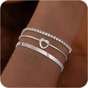 Foxgirl Silver Bracelets for Women Dainty 925 Sterling Silver Bangles Bracelet Sets Waterproof Layered Cubic Zirconia Tennis/Bangle Cuff/Love Knot Bracelets Silver Jewelry for Women Gifts