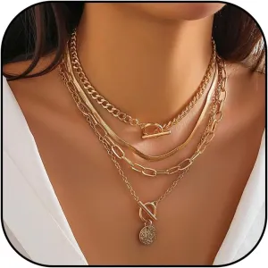 Frodete Chunky Gold Chain Toggle Necklaces Women Layered Necklaces for Women Stack Layered Cuban Paperclip Snake Chain Necklace Retro Coin Dainty Pendant Toggle Clasp Necklace