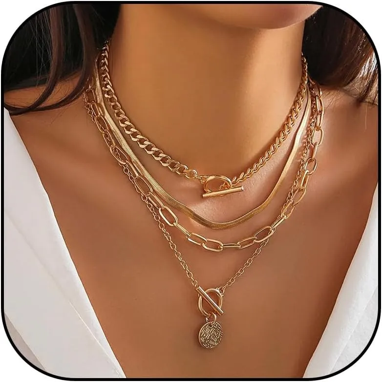 Frodete Chunky Gold Chain Toggle Necklaces Women Layered Necklaces for Women Stack Layered Cuban Paperclip Snake Chain Necklace Retro Coin Dainty Pendant Toggle Clasp Necklace