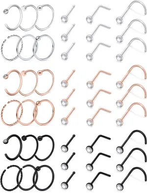 Ftovosyo 20g Nose Rings Studs Surgical Steel Nose Rings Hoop Piercing Jewelry for Women Men Set 45pcs