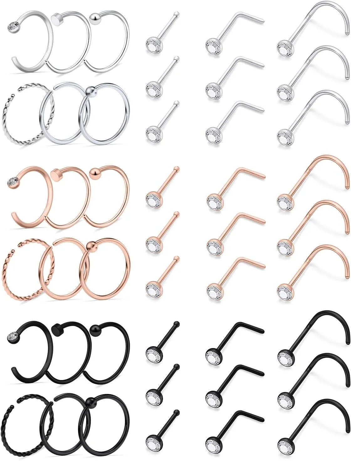 Ftovosyo 20g Nose Rings Studs Surgical Steel Nose Rings Hoop Piercing Jewelry for Women Men Set 45pcs