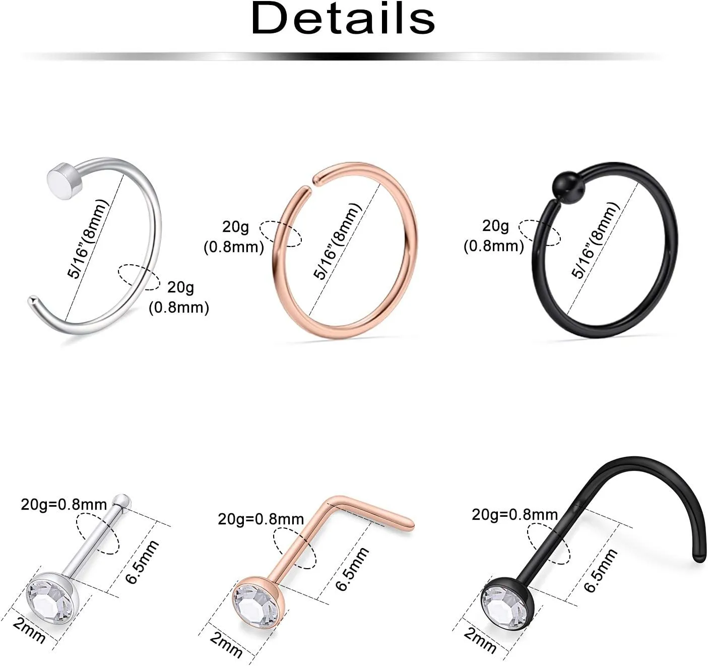 Ftovosyo 20g Nose Rings Studs Surgical Steel Nose Rings Hoop Piercing Jewelry for Women Men Set 45pcs