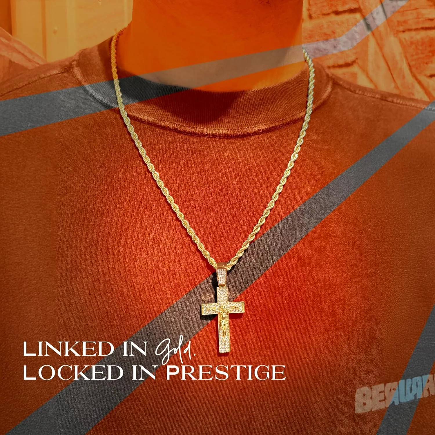 Full Iced Bling Out Religious Jesus Cross Pendant Charm 24" Twisted Rope Chain Set, Men/Women, CZ Crystal Diamonds White Gold Plated Rhodium Finish Watch Gift Set