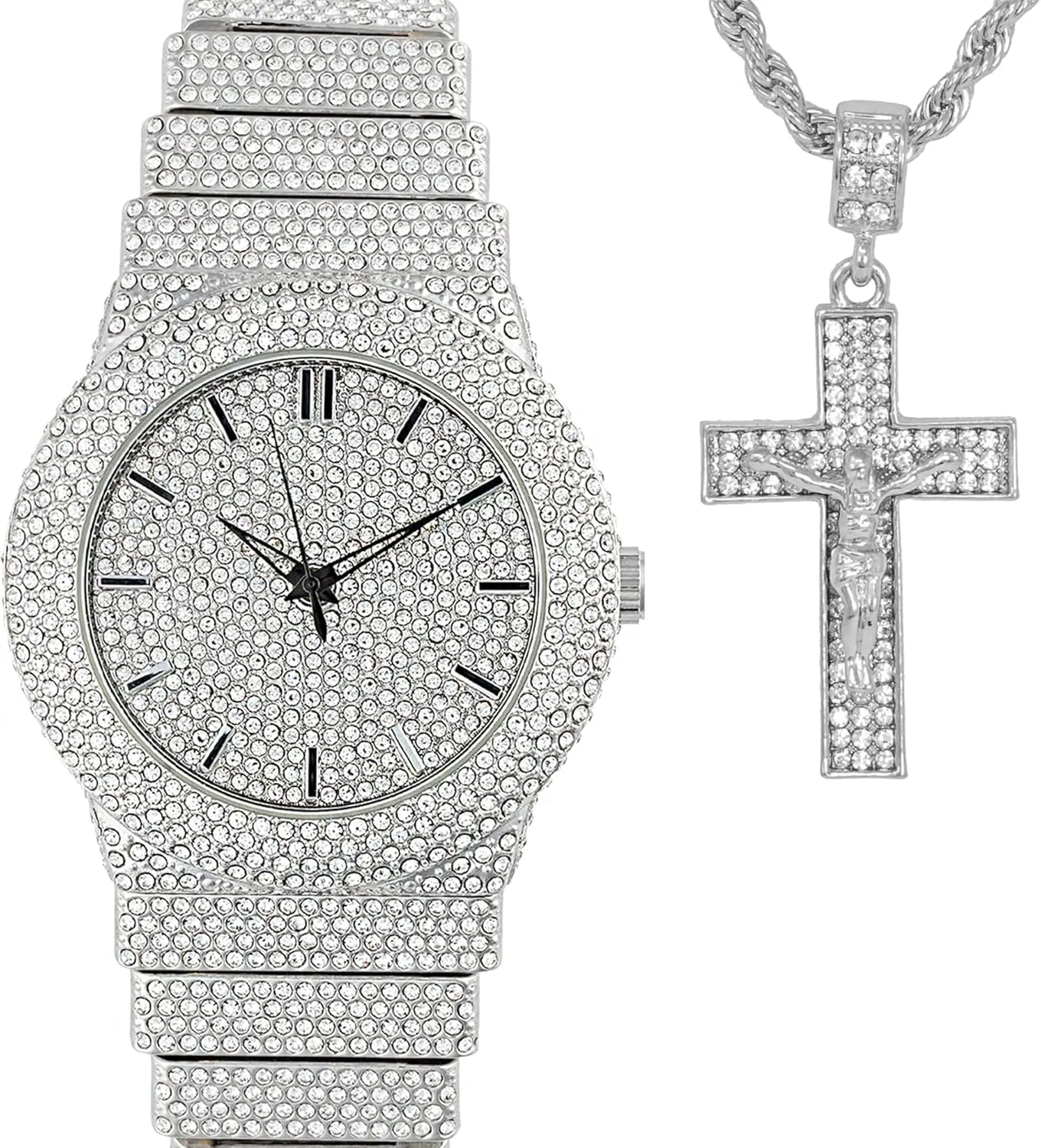 Full Iced Bling Out Religious Jesus Cross Pendant Charm 24" Twisted Rope Chain Set, Men/Women, CZ Crystal Diamonds White Gold Plated Rhodium Finish Watch Gift Set