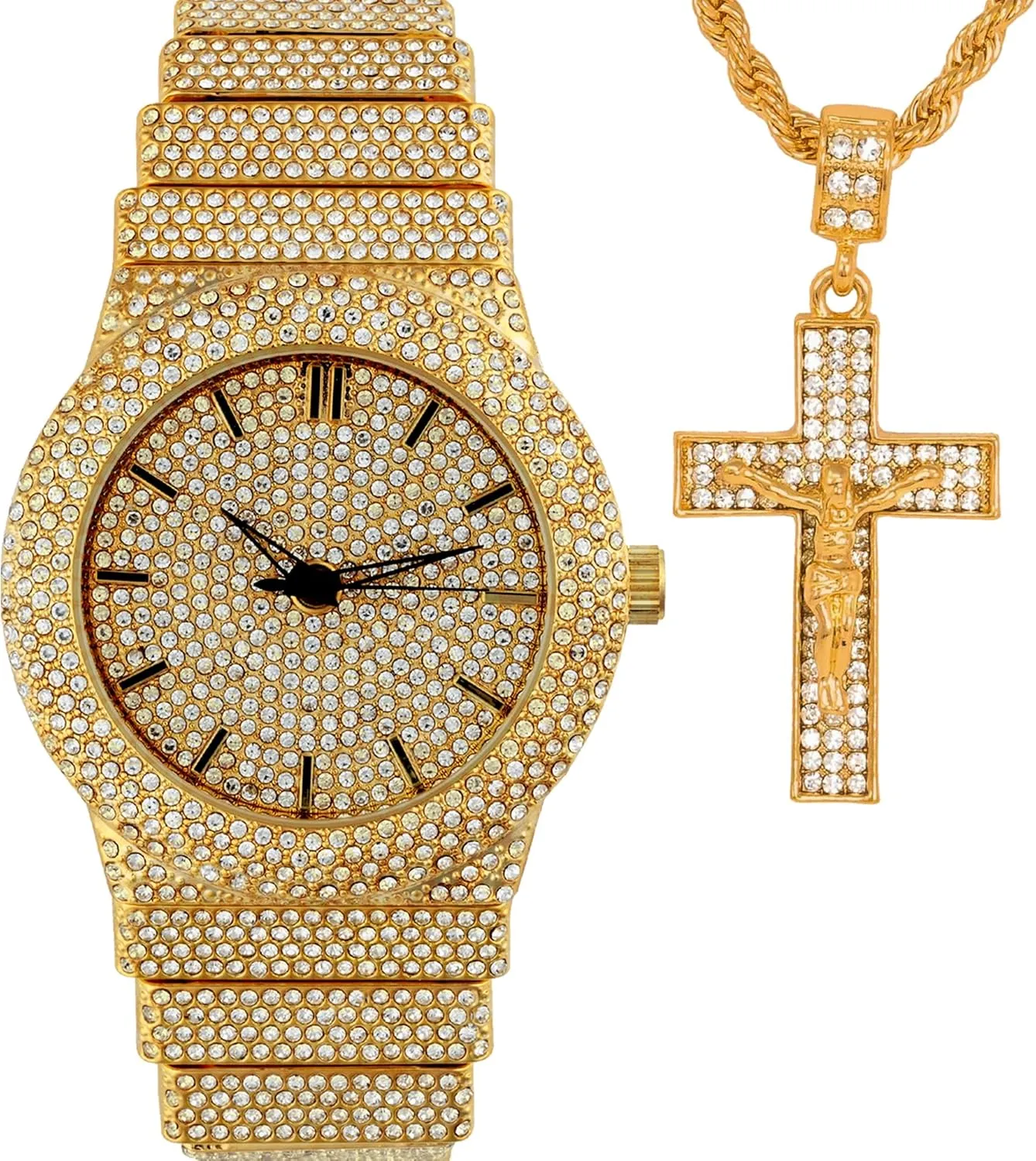 Full Iced Bling Out Religious Jesus Cross Pendant Charm 24" Twisted Rope Chain Set, Men/Women, CZ Crystal Diamonds White Gold Plated Rhodium Finish Watch Gift Set