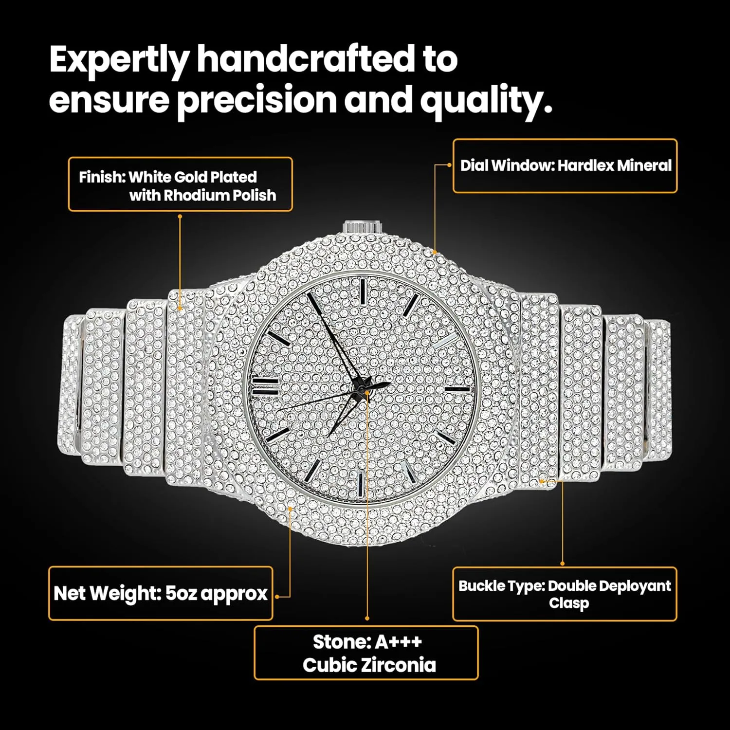 Full Iced Bling Out Religious Jesus Cross Pendant Charm 24" Twisted Rope Chain Set, Men/Women, CZ Crystal Diamonds White Gold Plated Rhodium Finish Watch Gift Set
