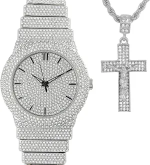 Full Iced Bling Out Religious Jesus Cross Pendant Charm 24" Twisted Rope Chain Set, Men/Women, CZ Crystal Diamonds White Gold Plated Rhodium Finish Watch Gift Set