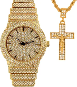 Full Iced Bling Out Religious Jesus Cross Pendant Charm 24" Twisted Rope Chain Set, Men/Women, CZ Crystal Diamonds White Gold Plated Rhodium Finish Watch Gift Set