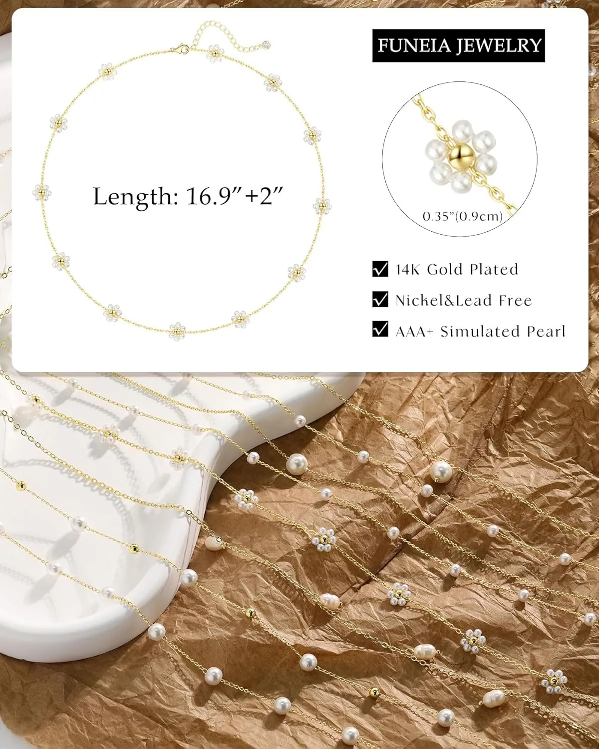 FUNEIA Dainty Pearl Necklace for Women 14K Gold Plated Faux Pearl Choker Necklaces Trendy White Silver Small Pearl Necklace Strand Wedding Prom Bridal Pearls Jewelry 14/16/18/20 Inches