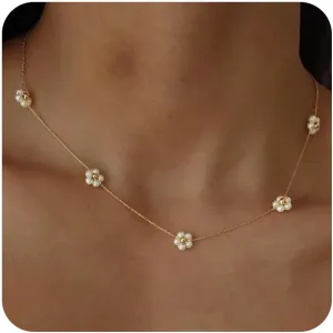 FUNEIA Dainty Pearl Necklace for Women 14K Gold Plated Faux Pearl Choker Necklaces Trendy White Silver Small Pearl Necklace Strand Wedding Prom Bridal Pearls Jewelry 14/16/18/20 Inches