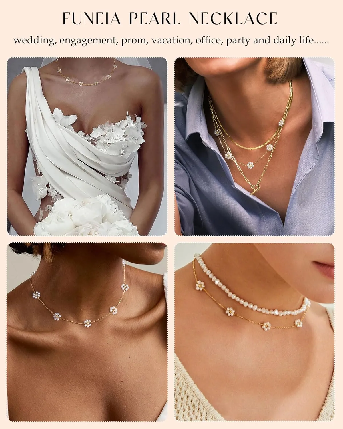 FUNEIA Dainty Pearl Necklace for Women 14K Gold Plated Faux Pearl Choker Necklaces Trendy White Silver Small Pearl Necklace Strand Wedding Prom Bridal Pearls Jewelry 14/16/18/20 Inches