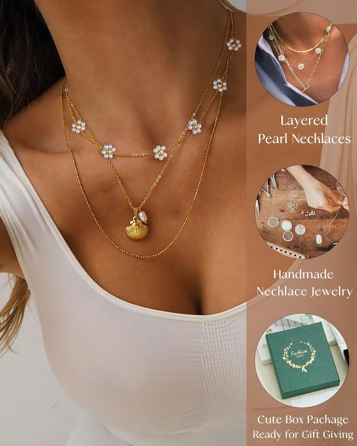 FUNEIA Dainty Pearl Necklace for Women 14K Gold Plated Faux Pearl Choker Necklaces Trendy White Silver Small Pearl Necklace Strand Wedding Prom Bridal Pearls Jewelry 14/16/18/20 Inches