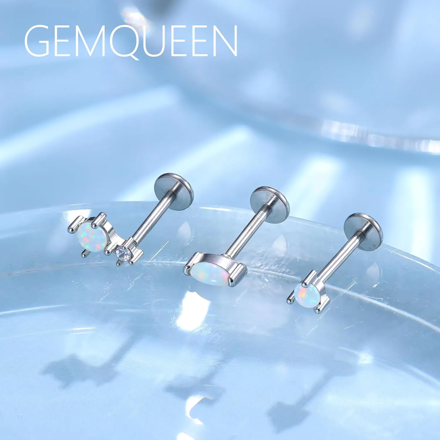 G23 Implant Grade Titanium Flat Back Earrings Studs: 14K Gold Hypoallergenic 3 Pcs 18G Internally Threaded Tragus Cartilage Helix Piercing Jewelry Opal Earring for Sensitive Ears Women Men