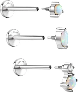 G23 Implant Grade Titanium Flat Back Earrings Studs: 14K Gold Hypoallergenic 3 Pcs 18G Internally Threaded Tragus Cartilage Helix Piercing Jewelry Opal Earring for Sensitive Ears Women Men