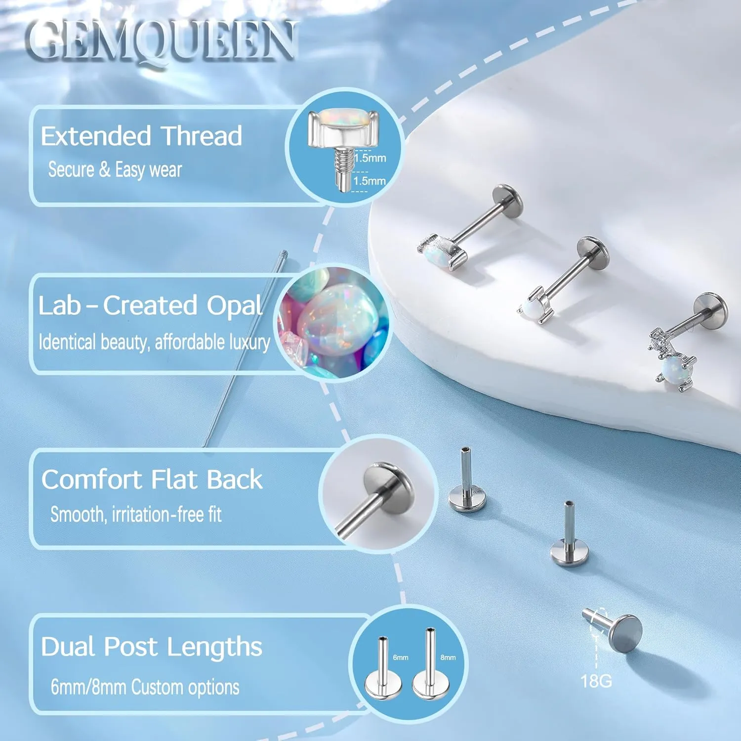 G23 Implant Grade Titanium Flat Back Earrings Studs: 14K Gold Hypoallergenic 3 Pcs 18G Internally Threaded Tragus Cartilage Helix Piercing Jewelry Opal Earring for Sensitive Ears Women Men