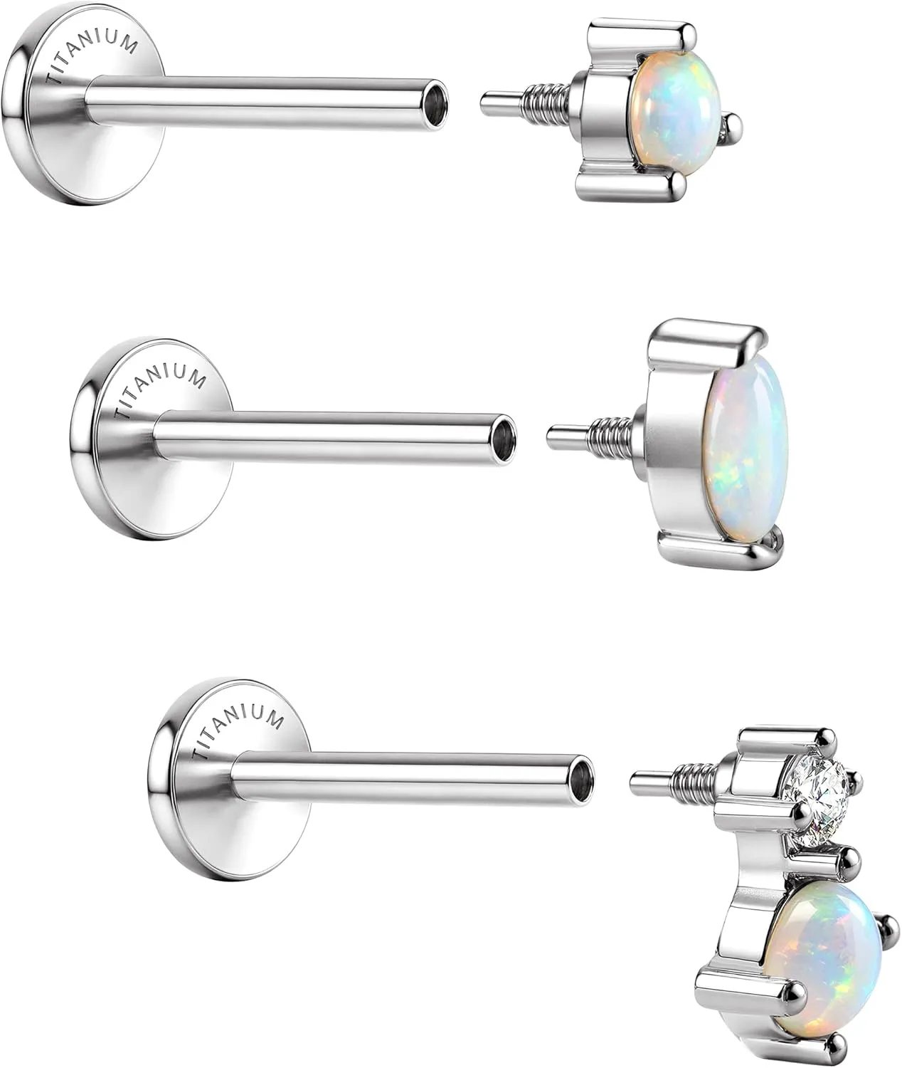 G23 Implant Grade Titanium Flat Back Earrings Studs: 14K Gold Hypoallergenic 3 Pcs 18G Internally Threaded Tragus Cartilage Helix Piercing Jewelry Opal Earring for Sensitive Ears Women Men