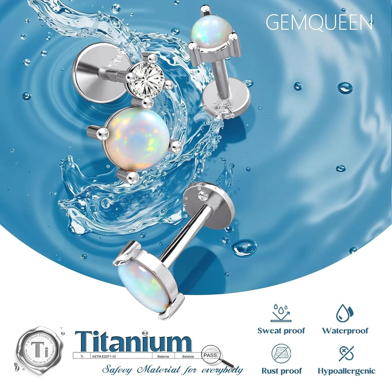 G23 Implant Grade Titanium Flat Back Earrings Studs: 14K Gold Hypoallergenic 3 Pcs 18G Internally Threaded Tragus Cartilage Helix Piercing Jewelry Opal Earring for Sensitive Ears Women Men