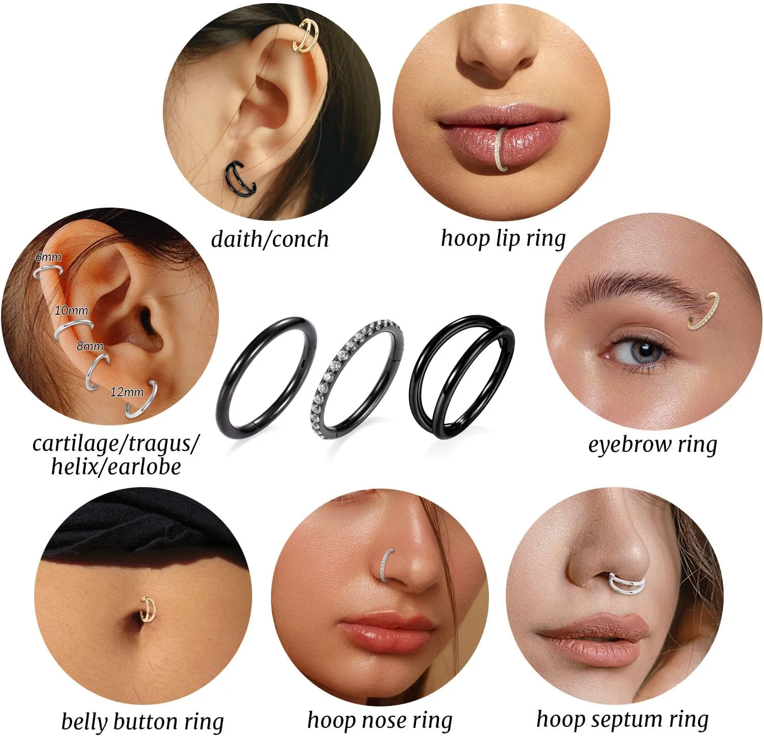 GAGABODY 2 Pcs Nose Rings 20G 18G 16G 14G 12G 10G 8G Surgical Steel Piercing Rings for Nose Septum Cartilage Helix Tragus Conch Rook Daith Lobe from 5mm to 16mm Seamless Hoop Unisex Hinged Earrings