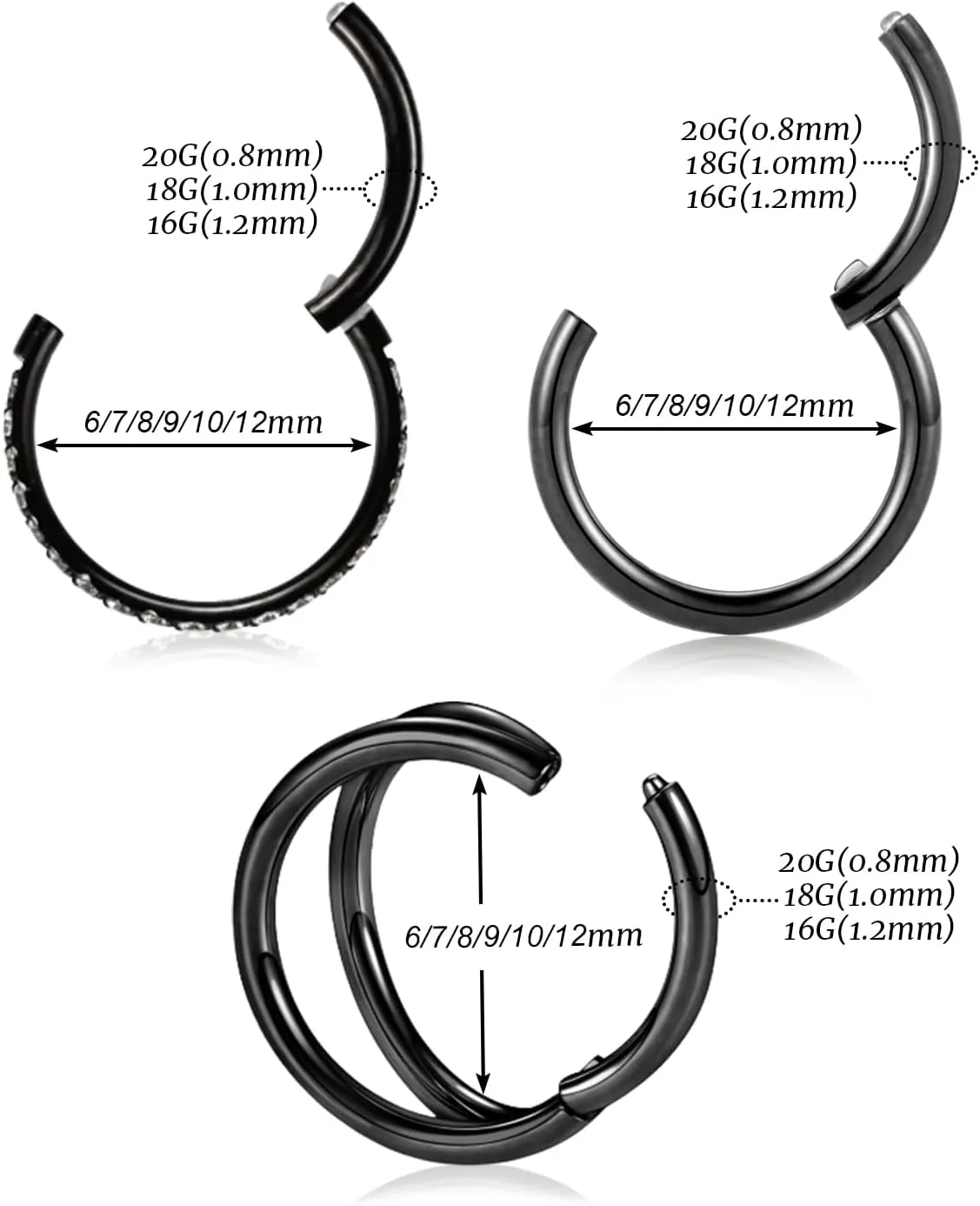 GAGABODY 2 Pcs Nose Rings 20G 18G 16G 14G 12G 10G 8G Surgical Steel Piercing Rings for Nose Septum Cartilage Helix Tragus Conch Rook Daith Lobe from 5mm to 16mm Seamless Hoop Unisex Hinged Earrings