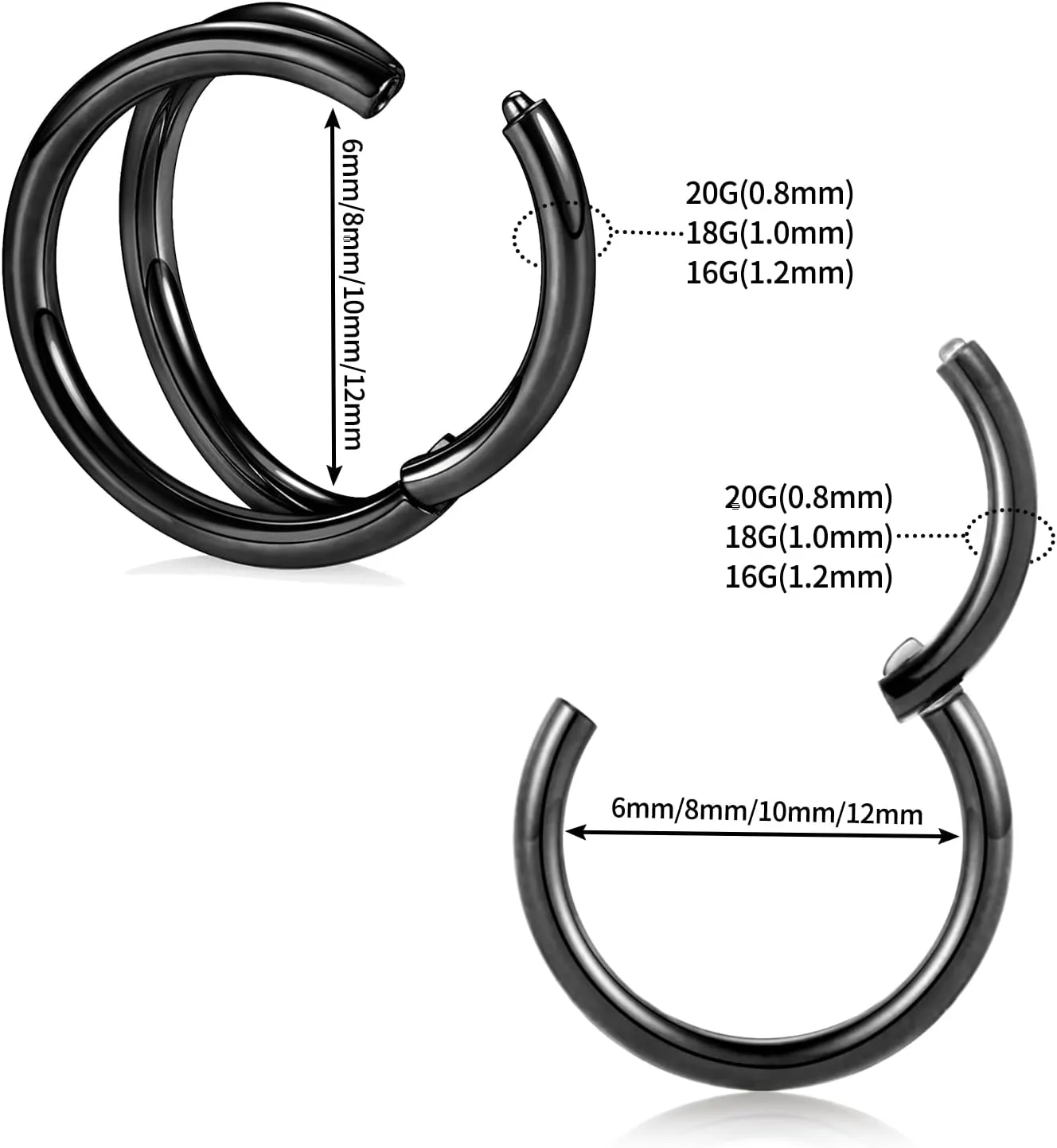 GAGABODY 2 Pcs Nose Rings 20G 18G 16G 14G 12G 10G 8G Surgical Steel Piercing Rings for Nose Septum Cartilage Helix Tragus Conch Rook Daith Lobe from 5mm to 16mm Seamless Hoop Unisex Hinged Earrings