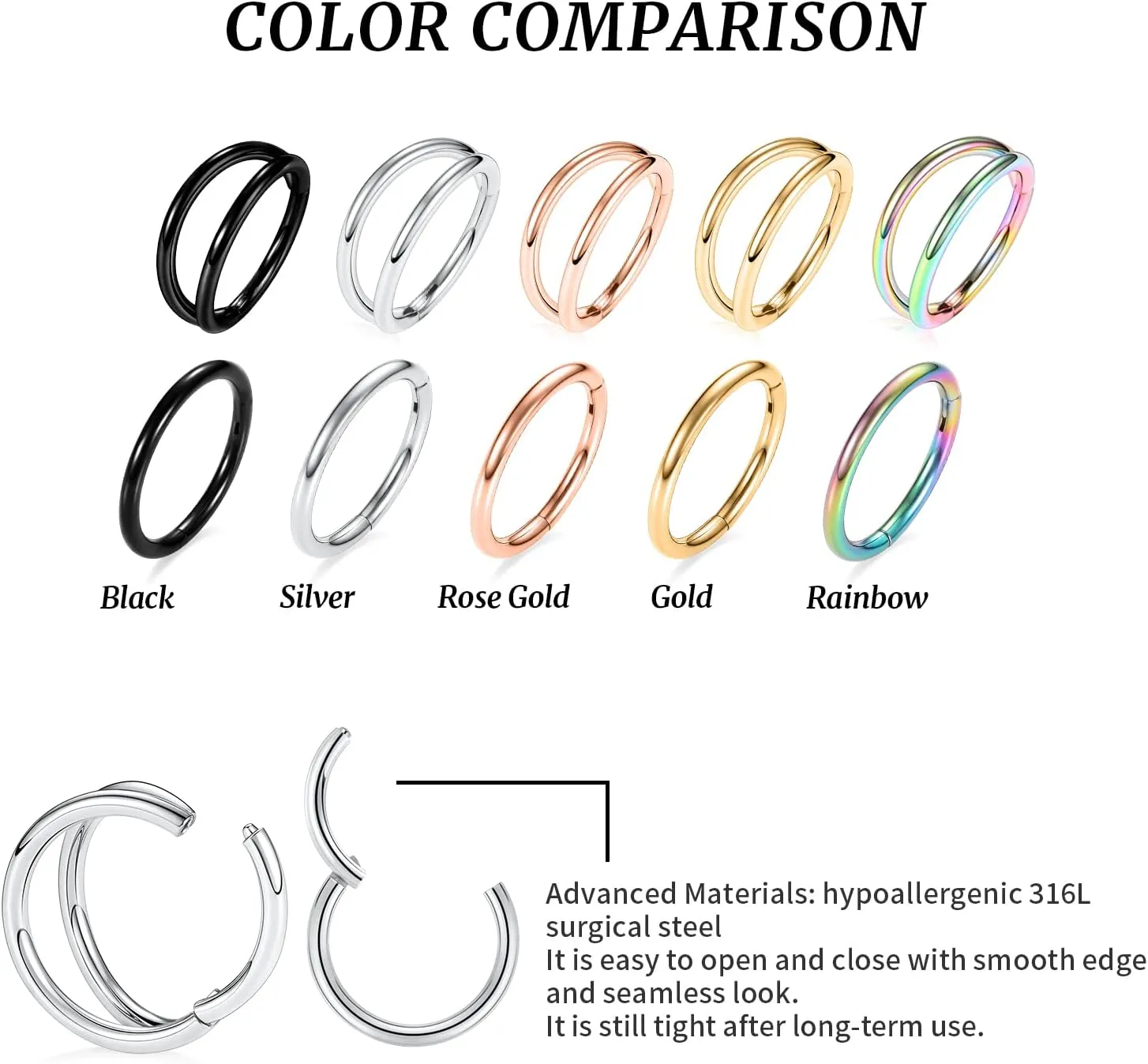GAGABODY 2 Pcs Nose Rings 20G 18G 16G 14G 12G 10G 8G Surgical Steel Piercing Rings for Nose Septum Cartilage Helix Tragus Conch Rook Daith Lobe from 5mm to 16mm Seamless Hoop Unisex Hinged Earrings