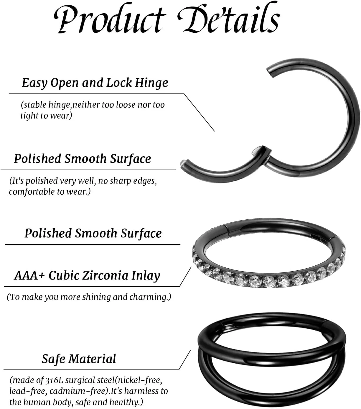 GAGABODY 2 Pcs Nose Rings 20G 18G 16G 14G 12G 10G 8G Surgical Steel Piercing Rings for Nose Septum Cartilage Helix Tragus Conch Rook Daith Lobe from 5mm to 16mm Seamless Hoop Unisex Hinged Earrings