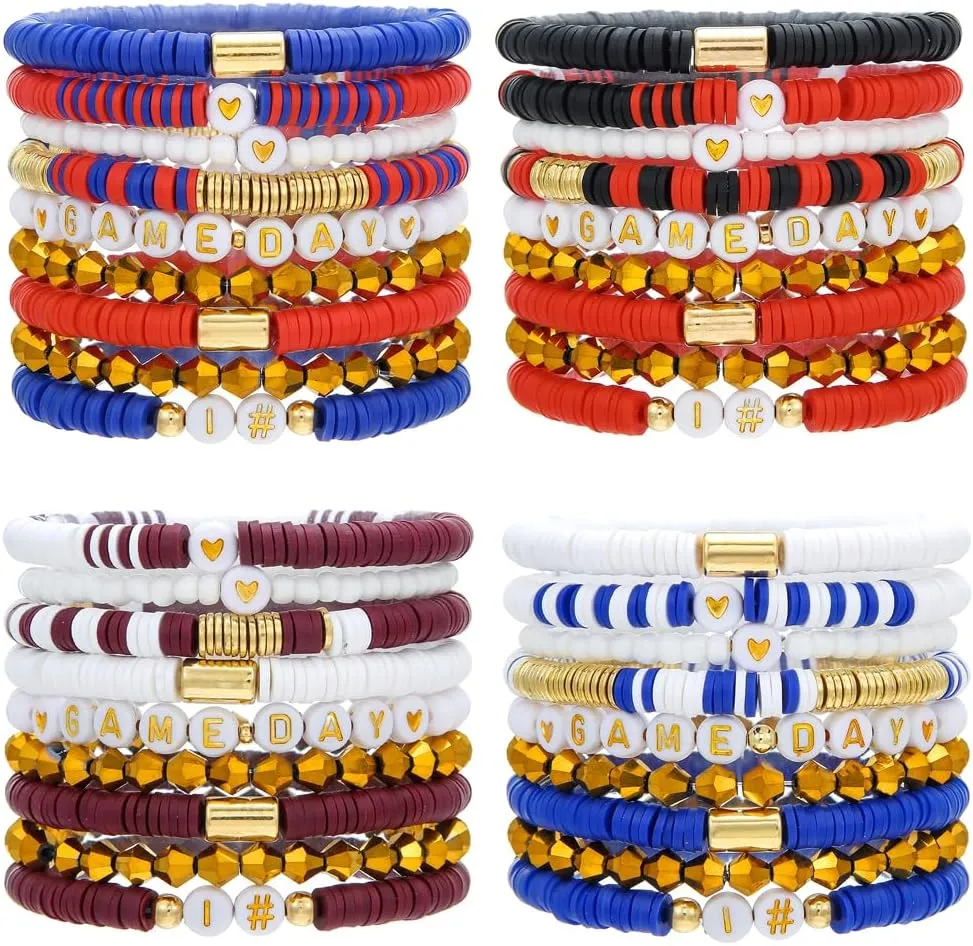 Game Day Bracelets for Women Football Party Favors Bracelets Heishi Clay Beaded Stretch Friendship Bracelets for Women Stackable Sports Football Mom Accessories Outfits Preppy Jewelry Gifts
