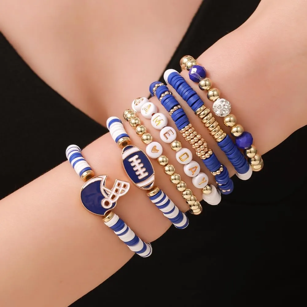 Game Day Bracelets for Women Football Party Favors Bracelets Heishi Clay Beaded Stretch Friendship Bracelets for Women Stackable Sports Football Mom Accessories Outfits Preppy Jewelry Gifts
