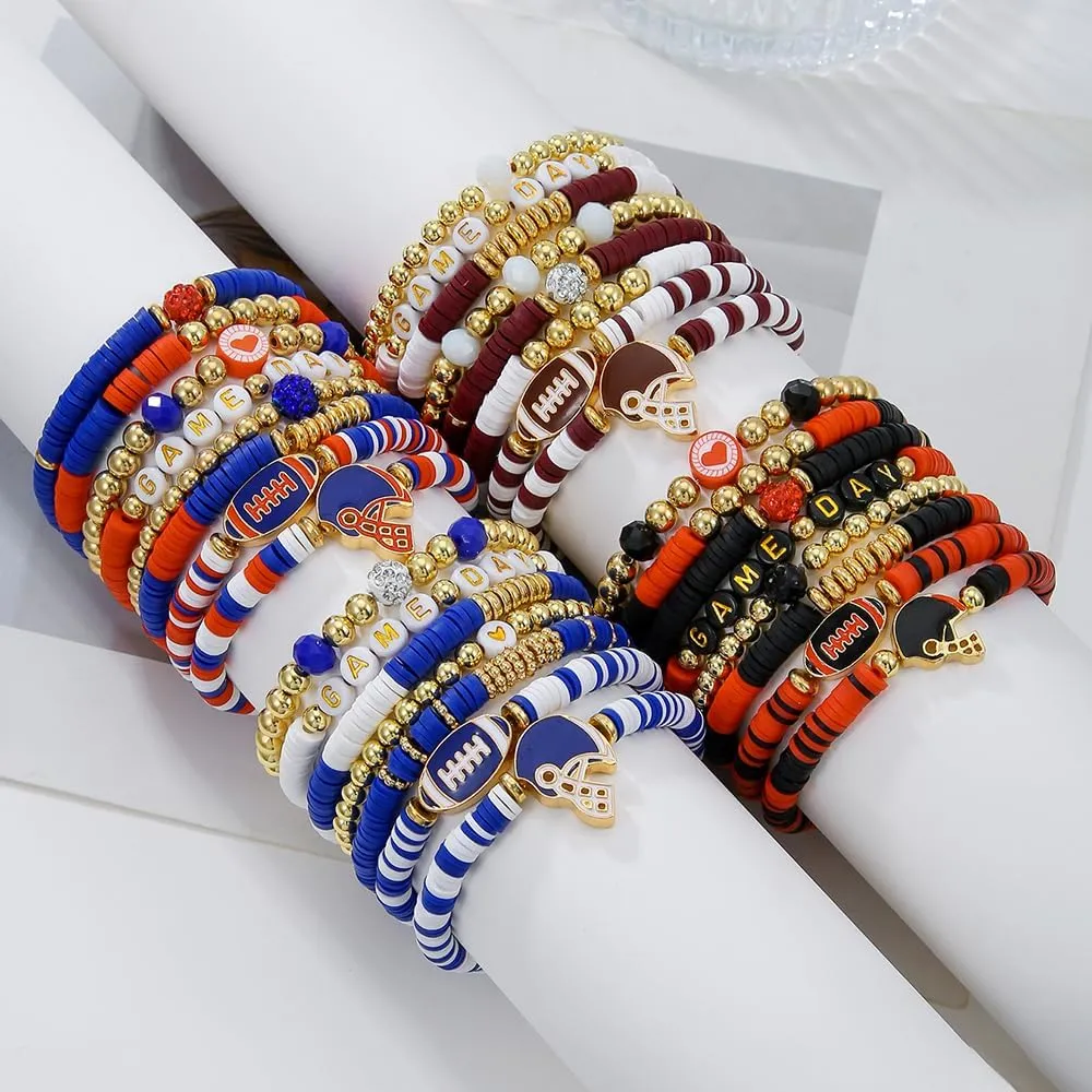 Game Day Bracelets for Women Football Party Favors Bracelets Heishi Clay Beaded Stretch Friendship Bracelets for Women Stackable Sports Football Mom Accessories Outfits Preppy Jewelry Gifts