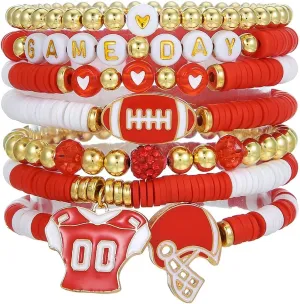 Game Day Bracelets for Women Football Party Favors Bracelets Heishi Clay Beaded Stretch Friendship Bracelets for Women Stackable Sports Football Mom Accessories Outfits Preppy Jewelry Gifts